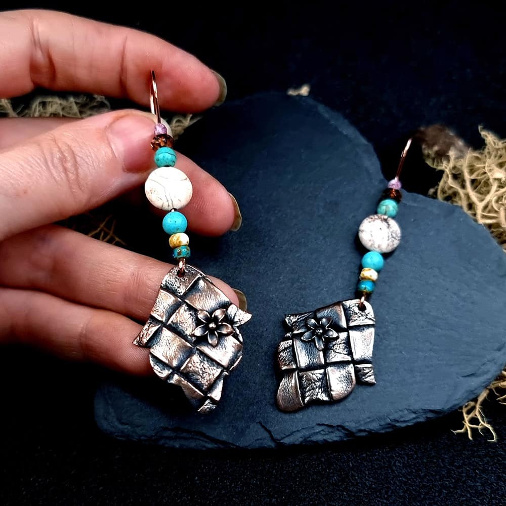 Bronze Earrings with Leather Print and flowers Earrings SweetyBijou Jewelry   