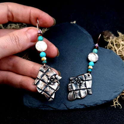 Bronze Earrings with Leather Print and flowers Earrings SweetyBijou Jewelry   