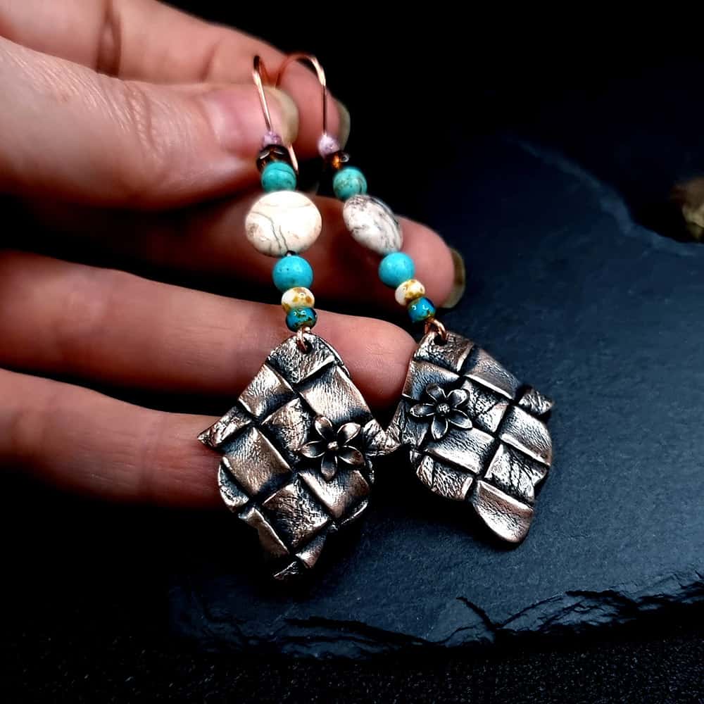 Bronze Earrings with Leather Print and flowers Earrings SweetyBijou Jewelry   