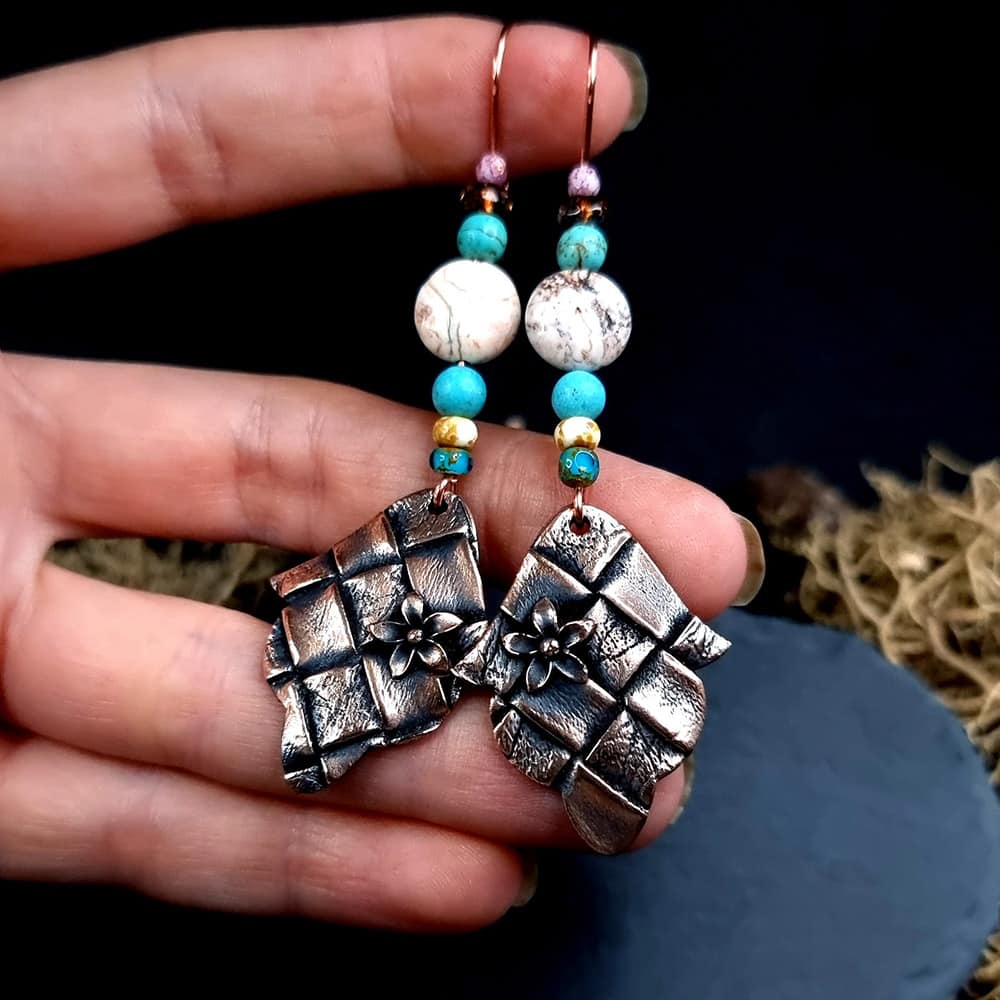 Bronze Earrings with Leather Print and flowers Earrings SweetyBijou Jewelry   