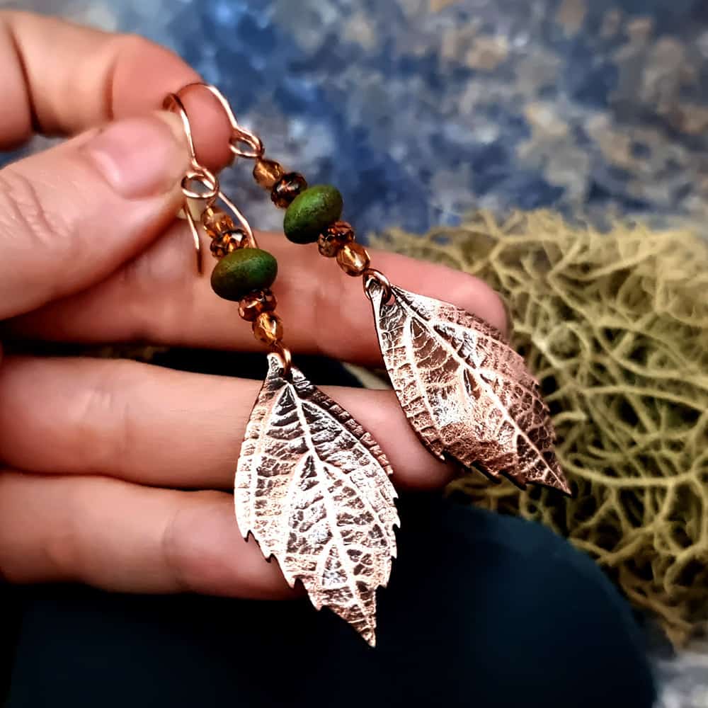 Amazing Copper Long Earrings with Leafs Earrings SweetyBijou Jewelry   