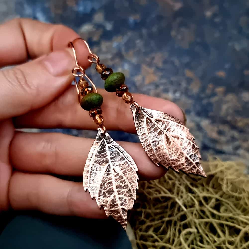 Amazing Copper Long Earrings with Leafs Earrings SweetyBijou Jewelry   