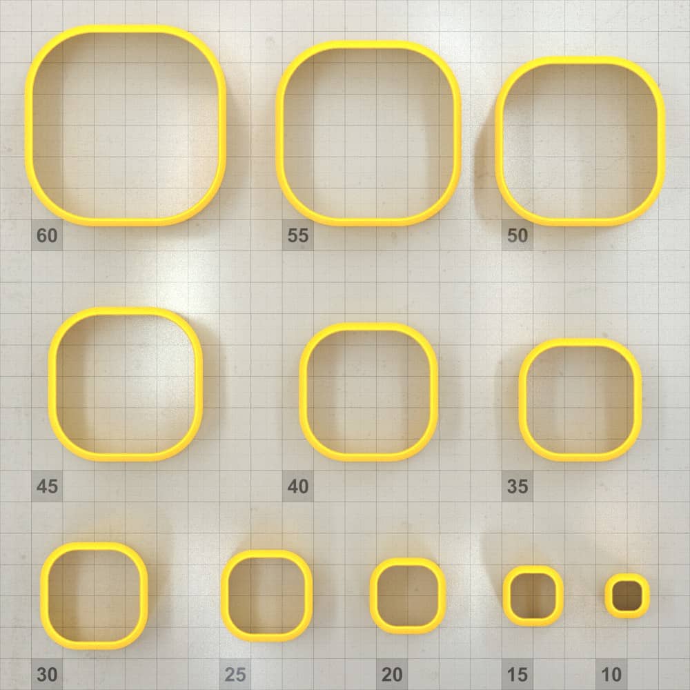 Square Extra-Rounded polymer clay cutters, graduated set of 11