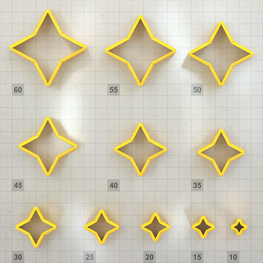 Wide 4-pointed star polymer clay cutters, graduated set of 11