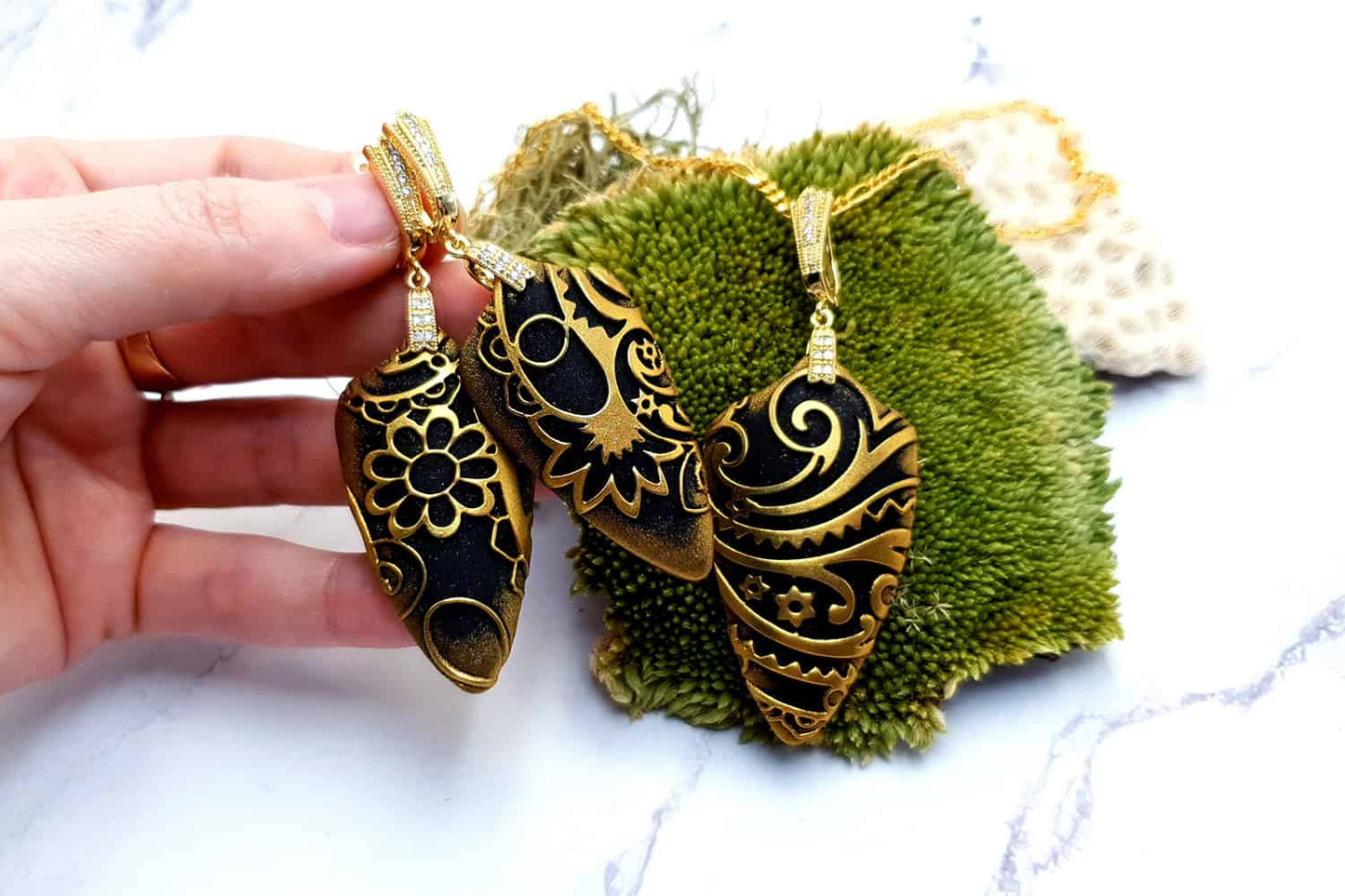 Jewelry Set "Golden Flowers on Black" Jewelry Set SweetyBijou Jewelry   