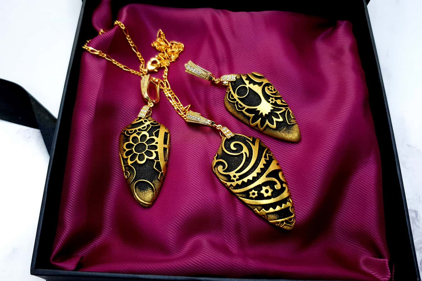 Jewelry Set "Golden Flowers on Black" Jewelry Set SweetyBijou Jewelry   