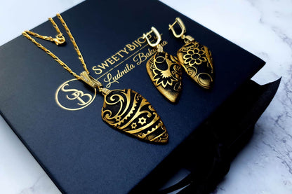 Jewelry Set "Golden Flowers on Black" Jewelry Set SweetyBijou Jewelry   