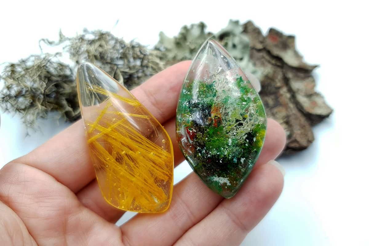 UV Resin Faux Moss Agate & Rutilated Quartz Stones Cabochons SweetyBijou Cabochons   