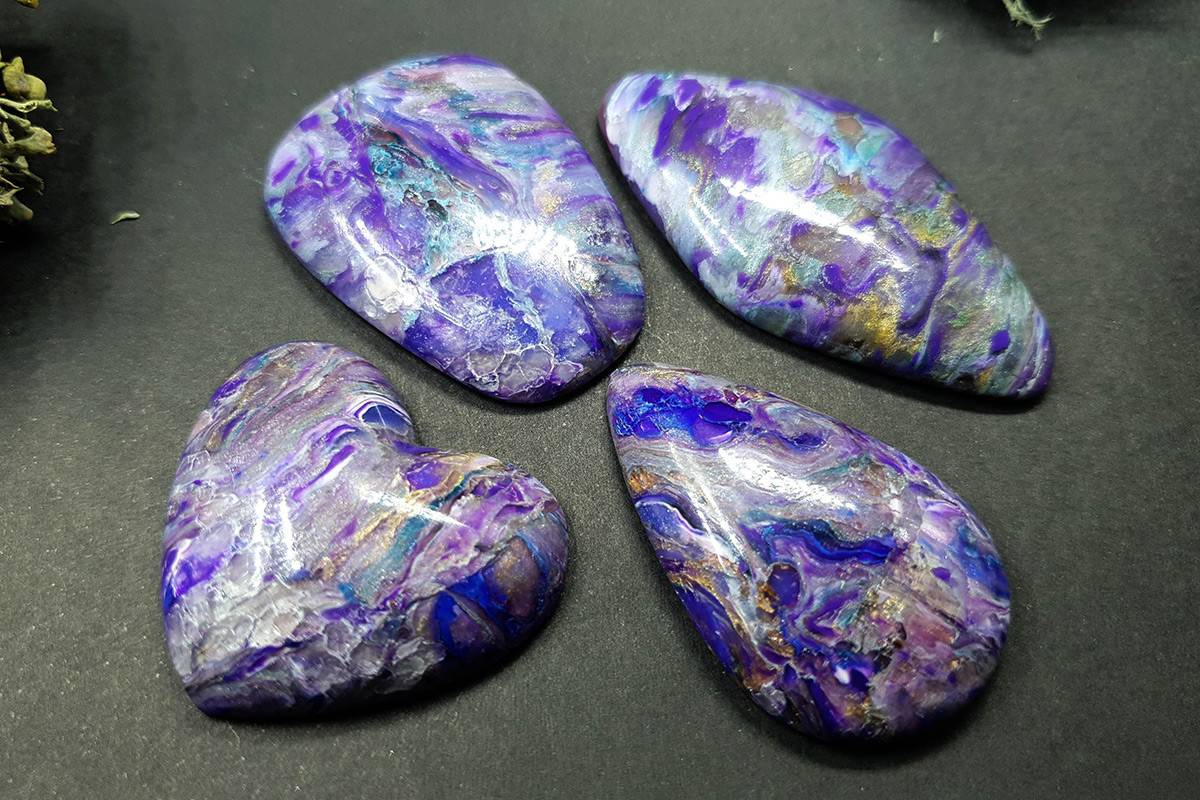 4 cabochons faux charoite stone from polymer clay #5914