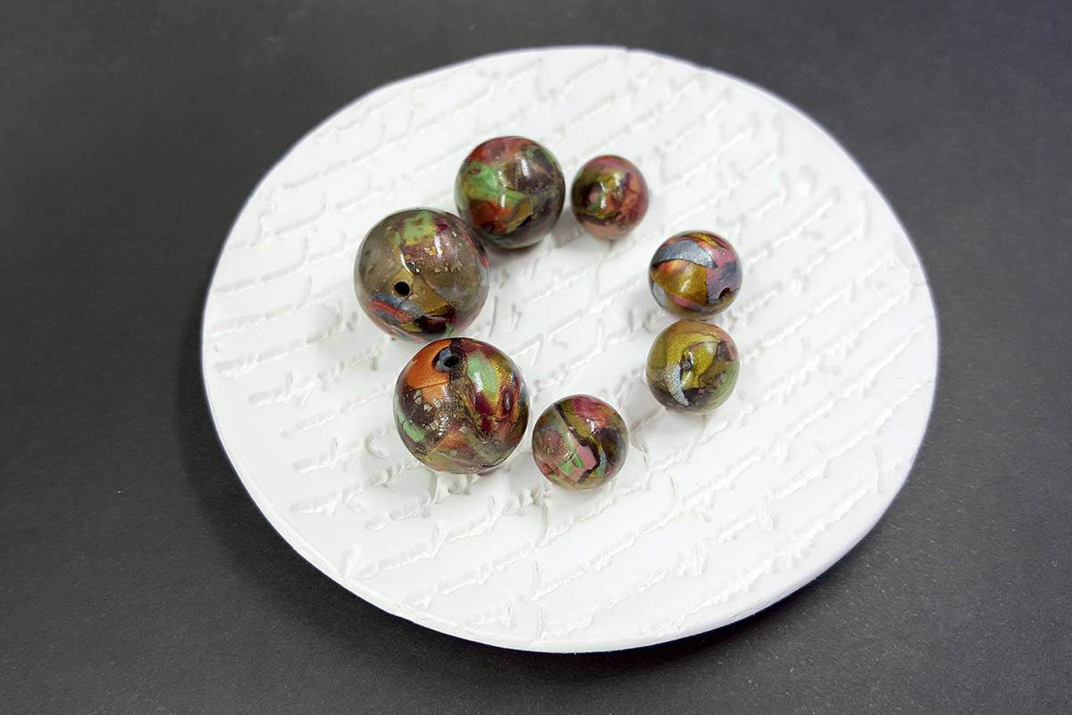 7 Round Beads - Brown, Green, Silver (Polymer Clay) #7596