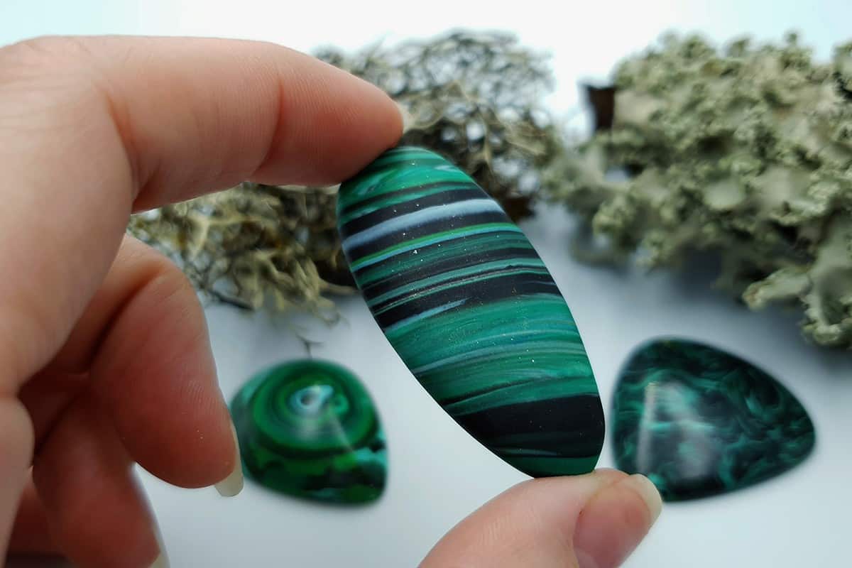 3 pcs Beads Faux Malachite from Polymer Clay (#3) (7863)