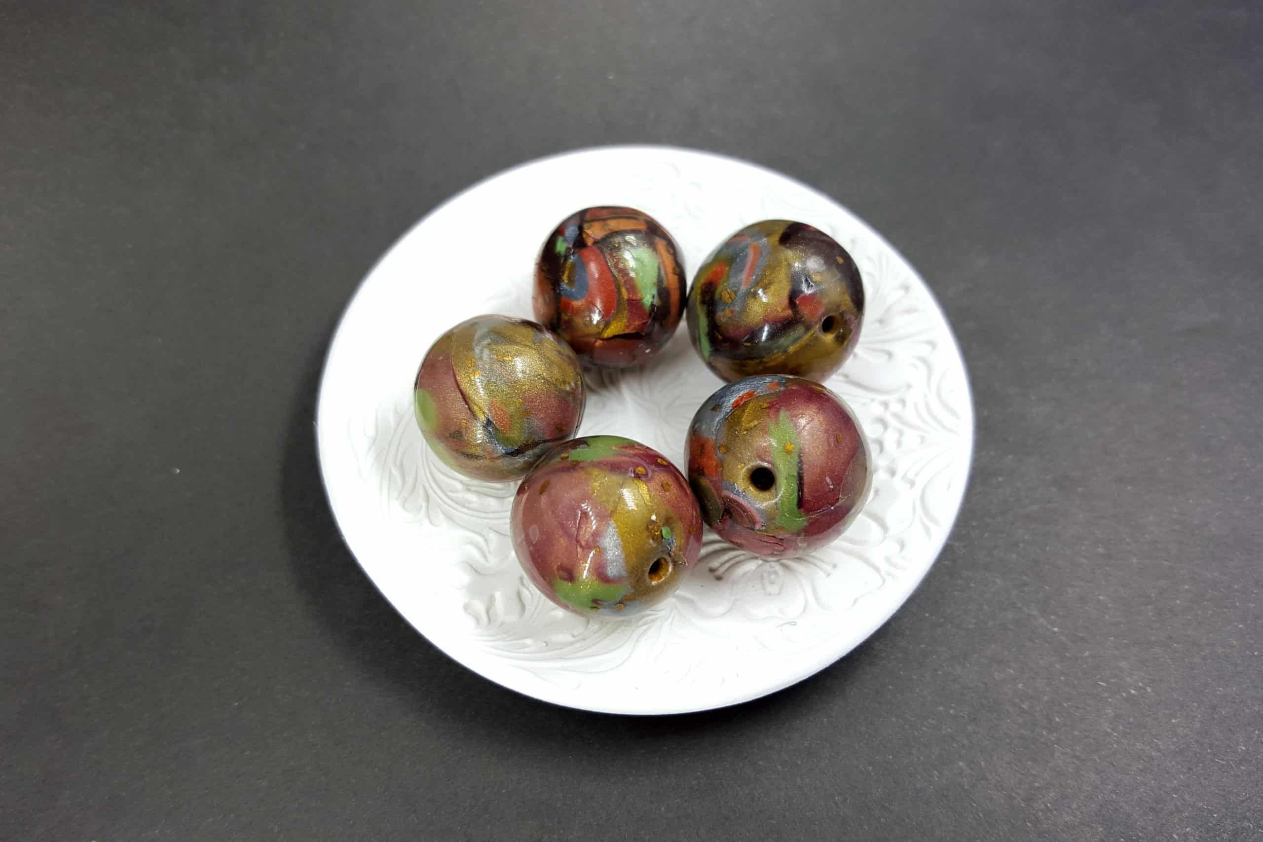 5 Jade Beads - Brown, Bronze, Green (Polymer Clay) #7661