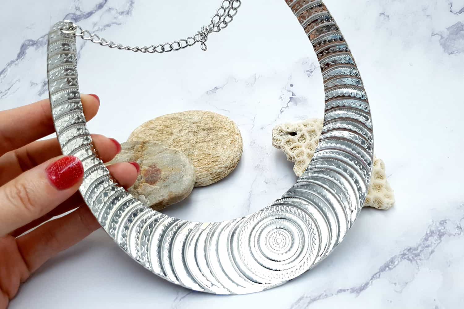 Necklace Metal Base “Circles” Pattern - Silver, 14cm (23369)