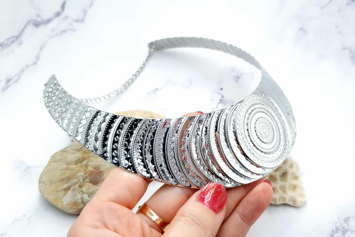 Necklace Metal Base “Circles” Pattern - Silver, 14cm #23372