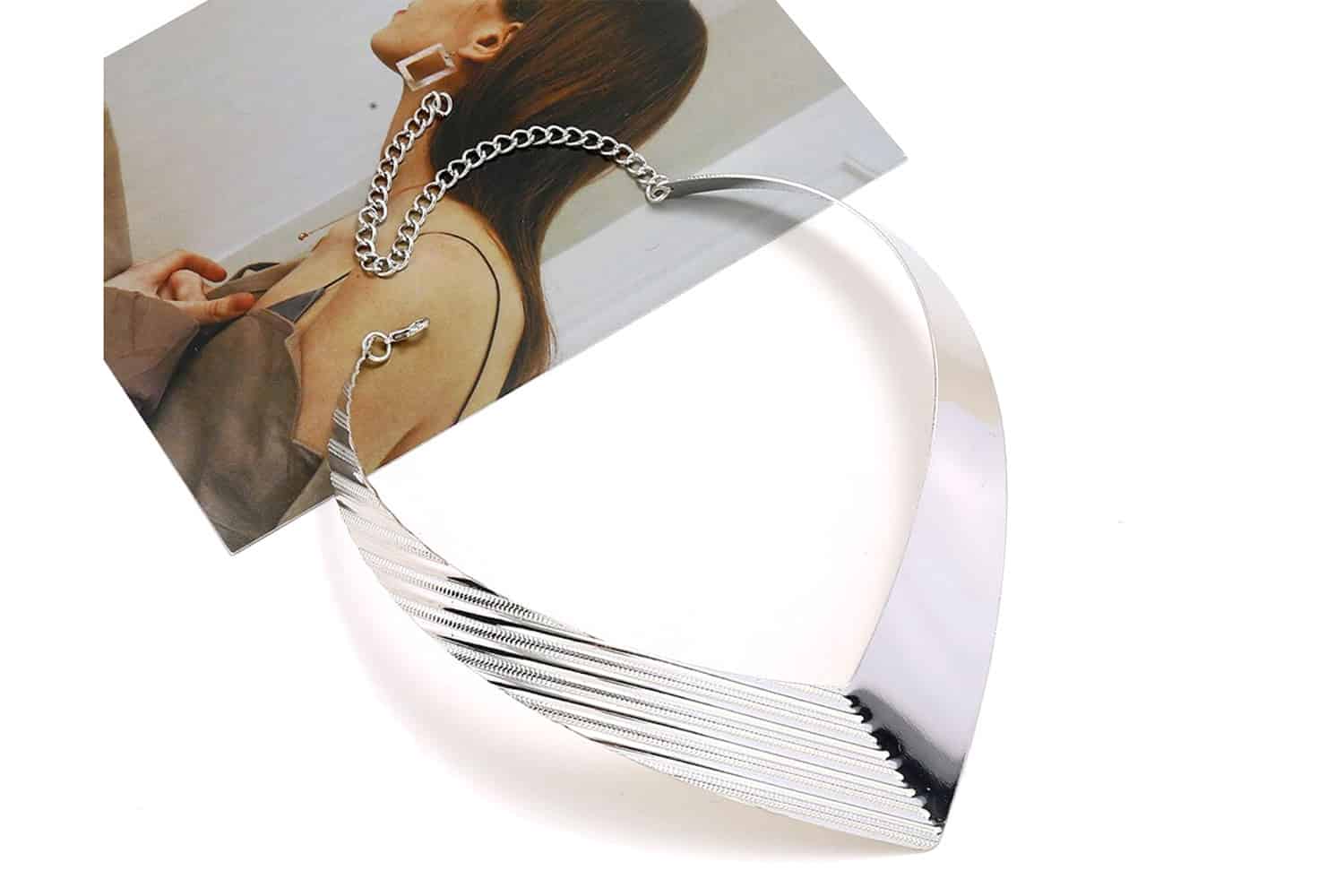 V Shape Silver color metal base necklace (27333)