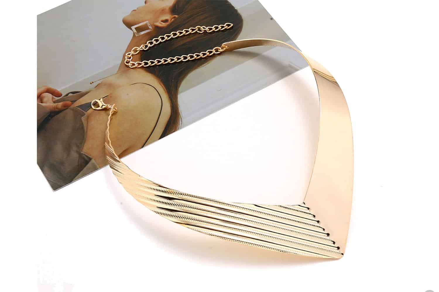 V Shape Golden color metal base necklace (27309)