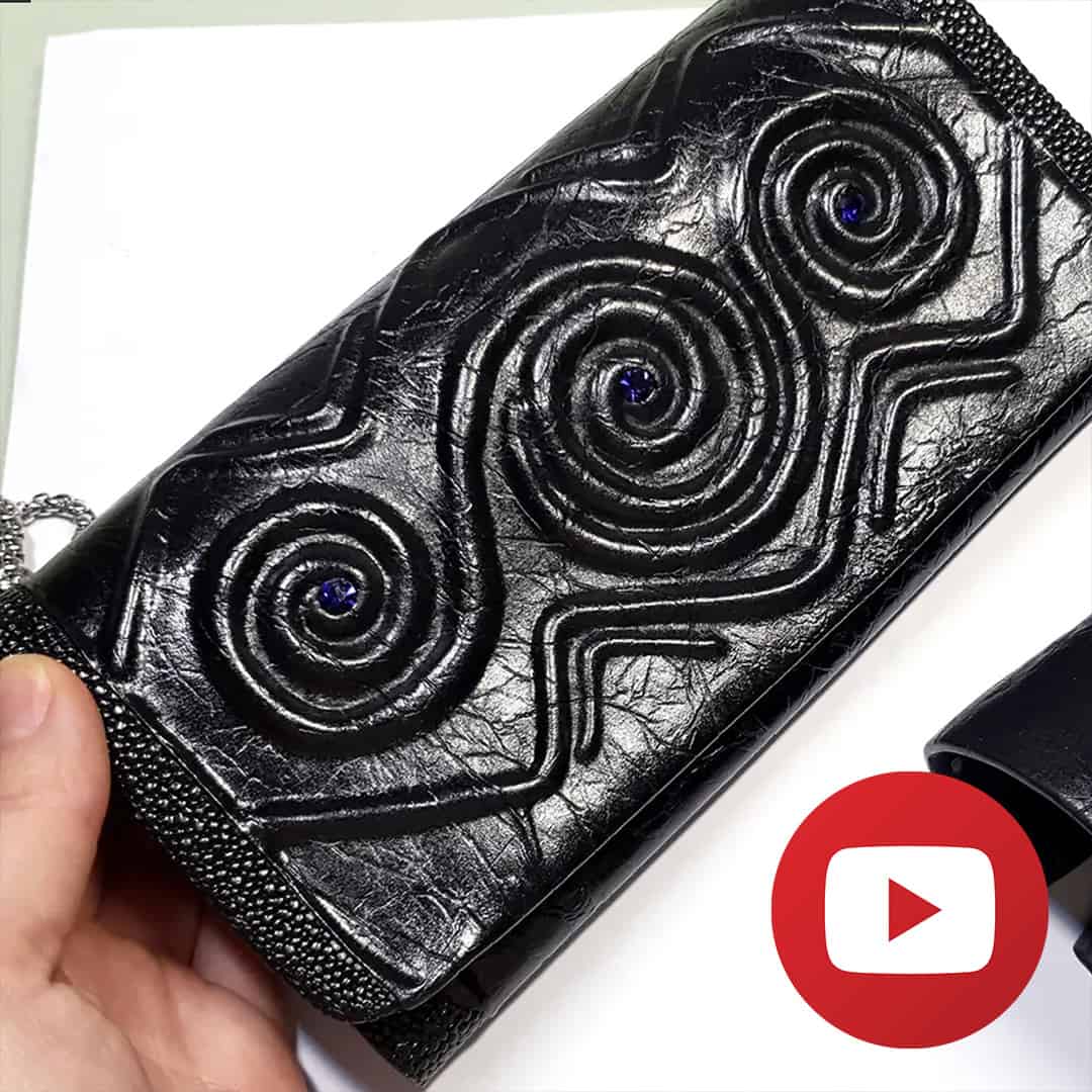 Unique polymer clay faux black leather clutch (26244)