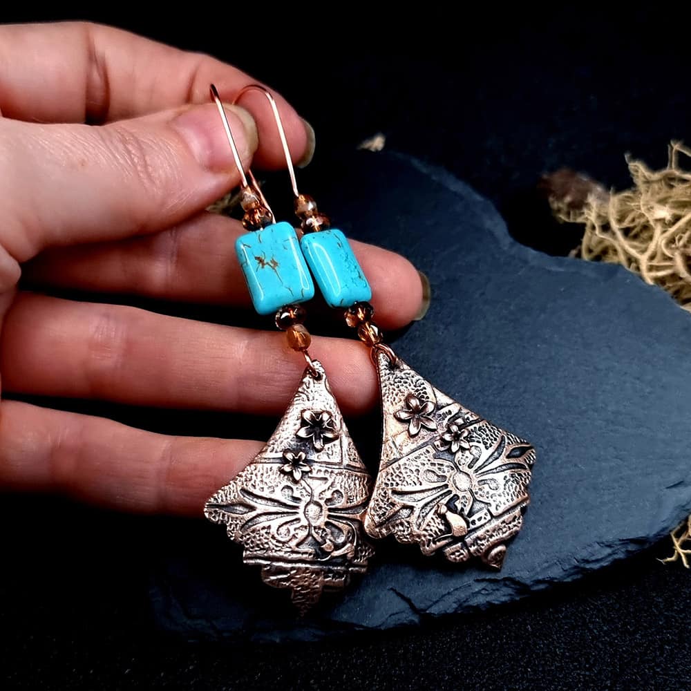 Amazing Bronze Long Earrings with cats and flowers (44836)