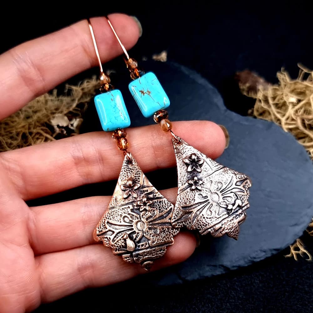 Amazing Bronze Long Earrings with cats and flowers (44842)