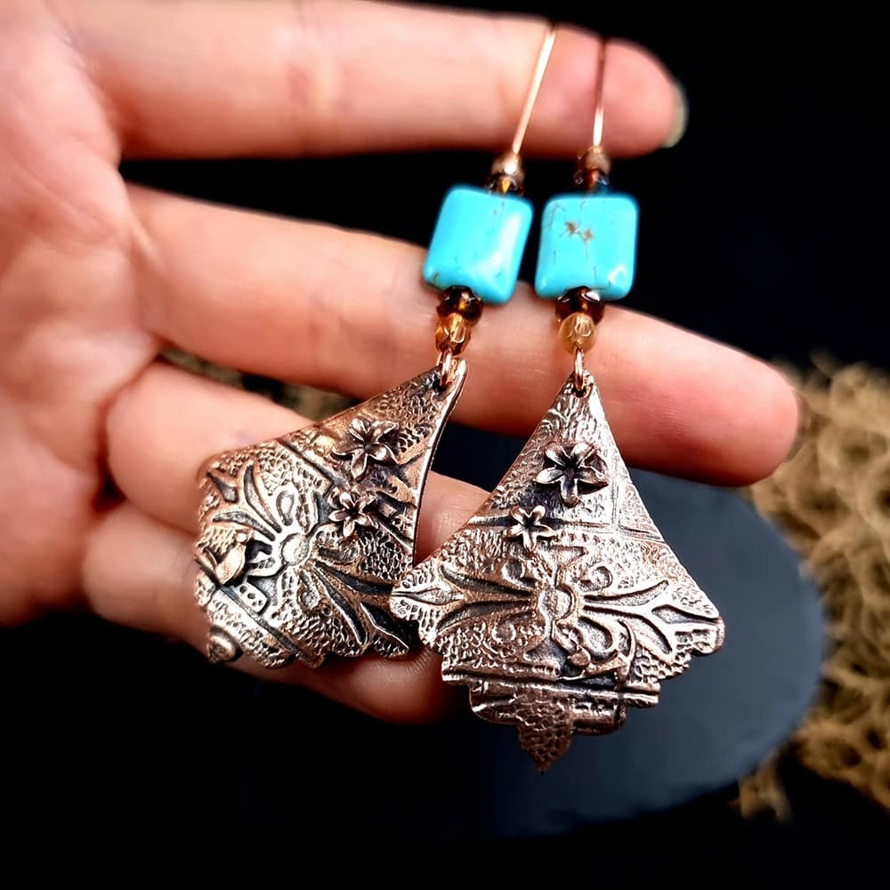 Amazing Bronze Long Earrings with cats and flowers (44843)
