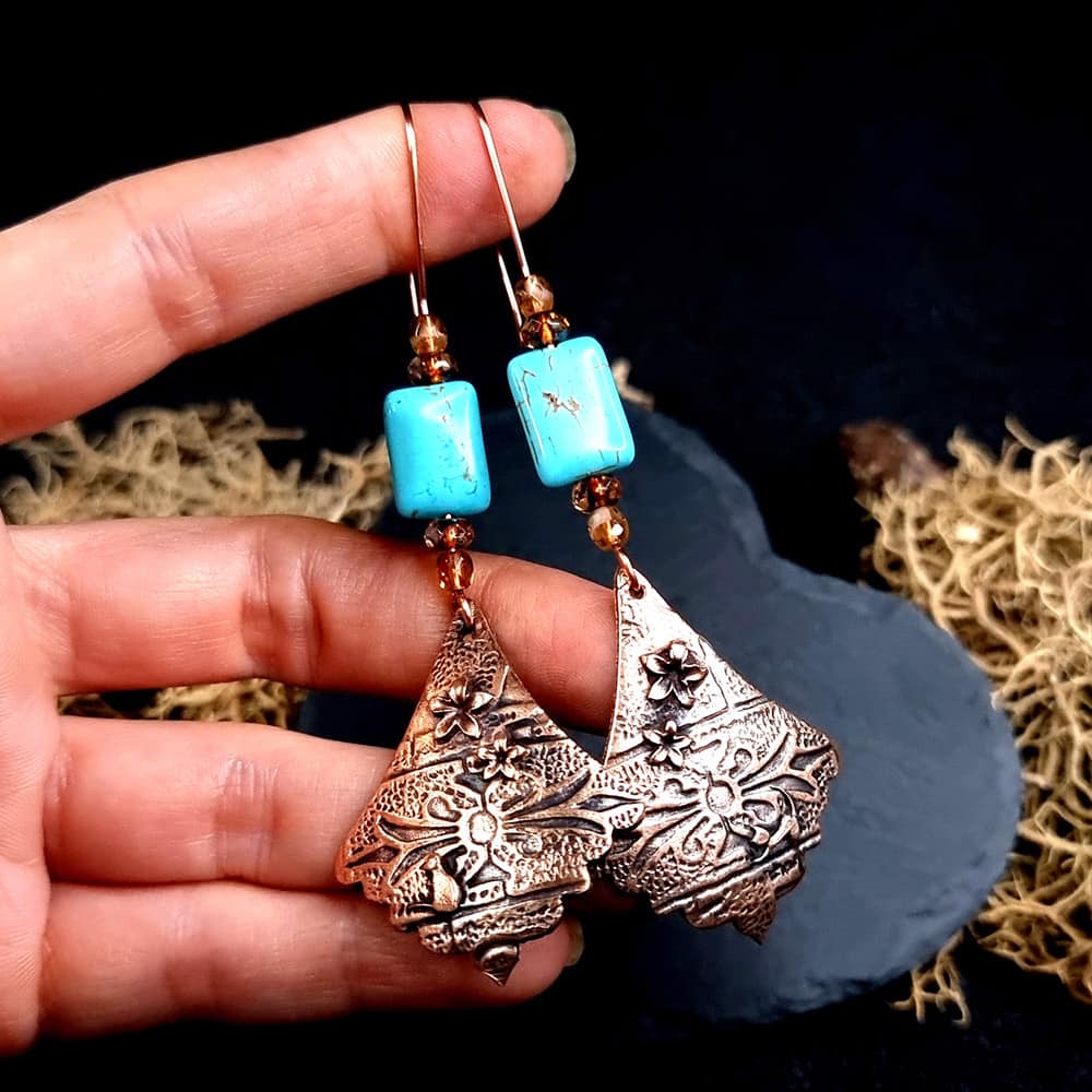 Amazing Bronze Long Earrings with cats and flowers (44844)