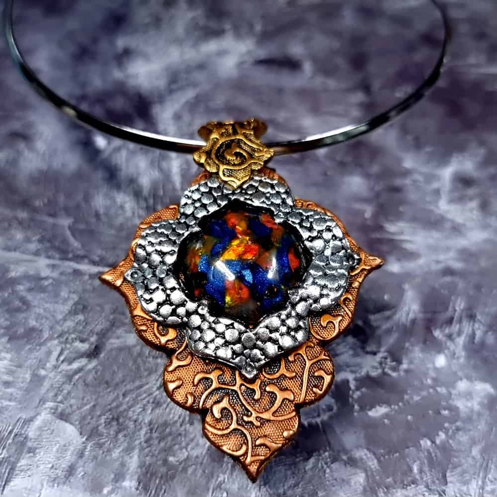 Beautiful polymer clay pendant with faux stone (44757)